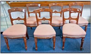 Set Of Six Late Victorian Walnut Dining Chairs, Raised On Turned Legs With Carved Central Back