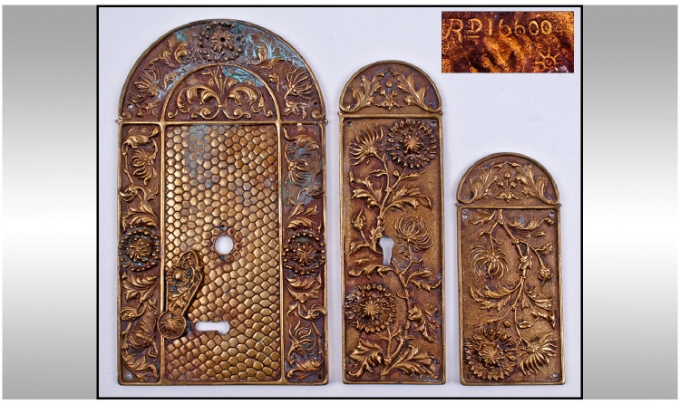 Art Nouveau Antique Ornate Brass Door Lock Plates and Finger Plates, 3 in total. c.1900`s. Reg.