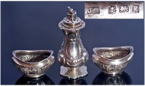 Edwardian Pair Of Embossed Silver Salts. Hallmark Birmingham 1906. 39.5 grams. Plus a Victorian