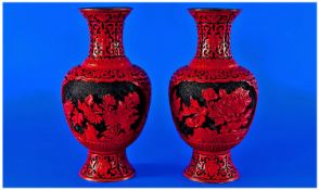 Pair Of Cinnabar Style Brass Vases, Floral Decoration, Blue Enamelled Base and Interior. Height 8