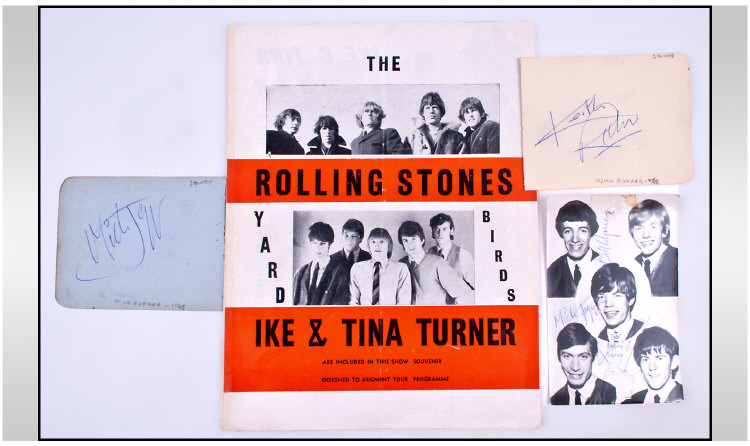 The Rolling Stones Autographs 19630`s. Two pages plus postcard photo signed (3) Mick Jagger, Keith
