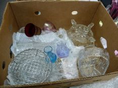 Box Of Assorted Glass Ware. Comprising basket, small vases, bowl, etc.
