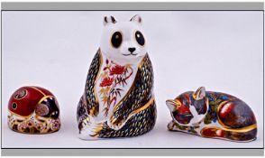 Two Royal Crown Derby Paperweights -Beetle Bug And Sleeping Kitten, Together With A Panda (Chipped