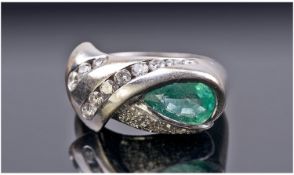 18ct White Gold Set Emerald and Diamond Designer Ring, Marked Favero, The Natural Emerald Pear