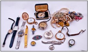 Misc Lot Of Costume Jewellery, Wristwatches And Pocket Watches.