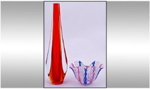 Murano Slened Cased Vase in Red Colourway. c 1950/1960`s.  Designed by `Poli`. 10 inches tall.