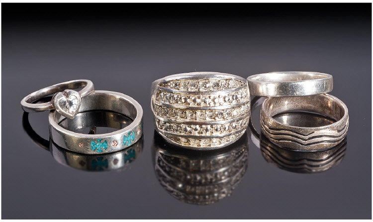 Collection Of Five Silver Dress Rings.