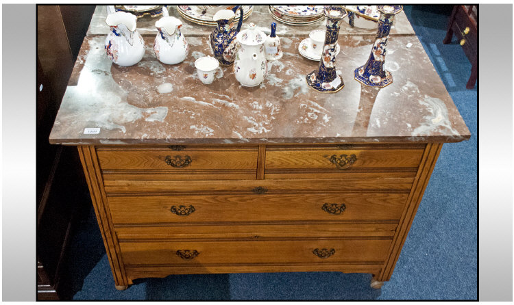 Edwardian Beechwood Chest Of Drawers,  Pink Marbled Top Two Short Above Two Long Drawers, Height 31