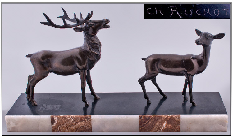 French 1920`s Art Deco Fine Bronzed Figure On A Marble Base Of A Male And Female Deer In Standing