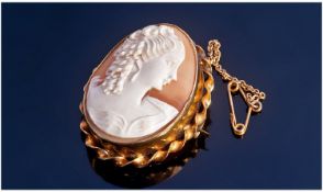 Victorian Gold Framed Shell Cameo. Portrait of a classical maiden. Circa 1890`s. 1.25 inches high.