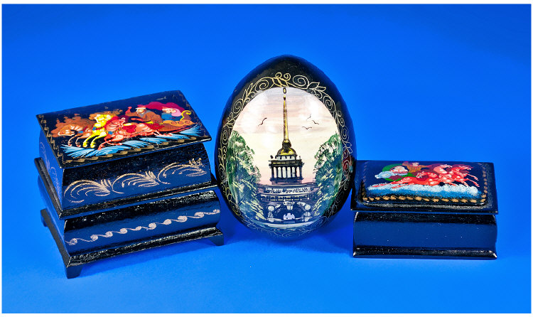 Three Hand Painted and Lacquered Russian Items. 1) An egg shaped object, hand painted with a