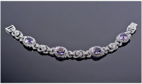 Good Quality Amethyst And Marcasite Silver Bracelet, Four Deep Purple Amethysts Surrounded By