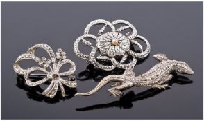 A Small Collection of 1920`s Marcasite Set Brooches. Various Shapes and Sizes.