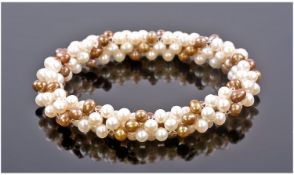 Cultured Freshwater White and Olive Green Peal Bracelet, Small Pearls Woven In a Twisted Design on
