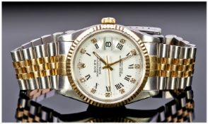 Rolex 18ct Gold And Steel Oyster Perpetual Date Just Gents Wrist Watch. The white dial with diamond