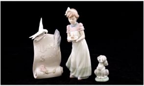 Lladro Small Figures ( 3 ) In Total. 1/ Young Girl with Cake Model No.5429, 7.75 Inches High. 2/