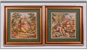 Pair Of French Tapestry Pictures, depicting lovers in country settings. Gilt frames. Each 14 x 14