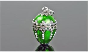 Silver Green Enamelled Egg Pendant, Set With Marcasite And Seed Pearl, Spring Hinged Lid, Height
