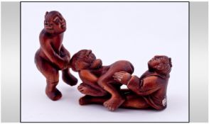 Carved Wooden Three Piece Erotic Netsuke.