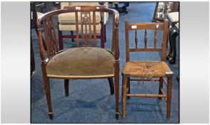 Edwardian Mahogany Inlaid Tub Chair, Together With A Child Rush Seated Beech Chair