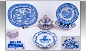 Six Pieces Of Blue And White Staffordshire Pottery. 1, willow pattern meat plate, 13.75 x 11