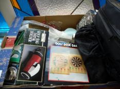 Box of Golfing Accessories, including drinks holder, games, caddy, shoes etc.