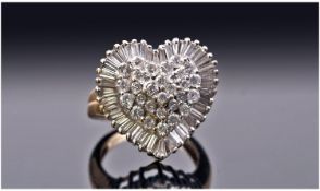 18ct Gold Set Heart Shaped Cluster Diamond Ring. The Baguette and Brilliant Cut Diamonds are of