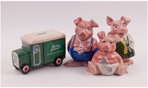 Three Wade Money Boxes In The Form Of Three Pigs. Heights 6.75 inches, 6.5 inches, 5.5 inches. Good