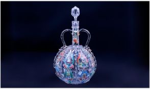 Dutch Nineteenth Century Globular Shaped 8 Panel Glass Flagon. Overlaid with hand painted coloured