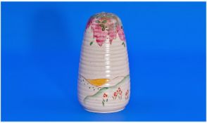 Clarice Cliff Hand Painted Sugar Sifter. Taormina (pink) pattern. Circa 1935. Stands 4.75 inches.