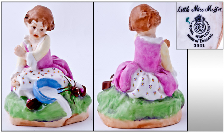 Royal Worcester Early Figure ` Little Miss Muffet ` R.W.3301. Modeler Freda Doughty. Issued 1952.