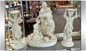 Three Parian Ware Figures comprising One Religious Group of Three Women, 14 inches in height and a