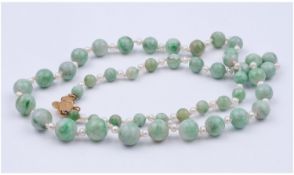 Jadeite Stone Graduating Bead Necklace With Cultured Pearl Spacers, Gold Pearl Set Clasp, Marks