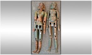 Pair of Probably Northern Indian/Rajasthan Articulated, painted and decorated Puppet Figures of two