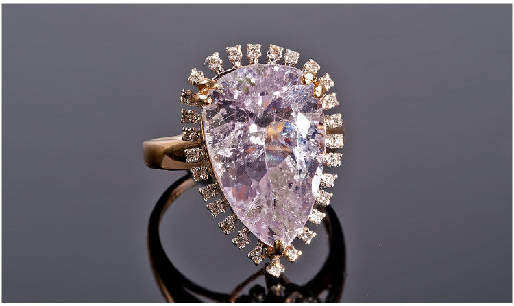 14ct Yellow Gold Diamond & Kunzite Dress Ring, Set With A Large Pear Shaped Kunzite (Estimated