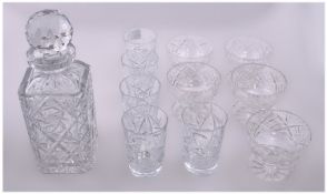 Cut Glass Decanter, with 5 glass small tumblers. Together with 6 sundae glasses.