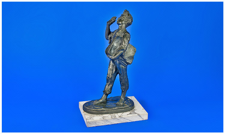 Spelter Figure of a Newspaper Street Vendor, the boy, dressed in open shirt and loose three-quarter