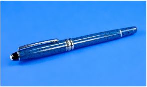 Montblanc Ball Point Pen, Marbled Blue Barrel And Cap, Silvered Mounts, Used Condition.