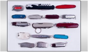 Selection Of 17 Pocket Knives. Including two small Swiss army, corkscrew, multi function, etc.