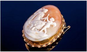 Victorian Fine Large 9ct Gold Framed Shell Cameo `Mythical Scene` `Psyche and Cubid`. Circa 1870.