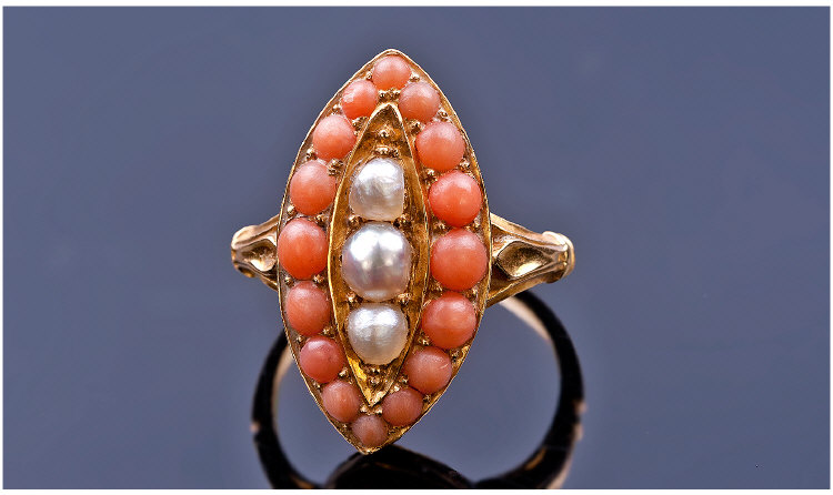 Georgian Ladies High Carat Gold Set Coral and Pearl Marquise Shaped Cluster Ring c 1810-20. Not