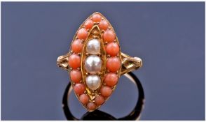 Georgian Ladies High Carat Gold Set Coral and Pearl Marquise Shaped Cluster Ring c 1810-20. Not
