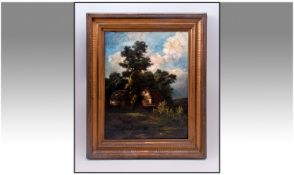 Norwich School Style (19th Century) Rustic Buildings Amongst Trees. 21 x 16 inches. Oil on canvas.