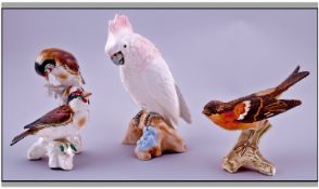 Small Collection of Ceramic Bird Figures comprising Royal Dux Parrot, Karl Ens Figure of Two birds