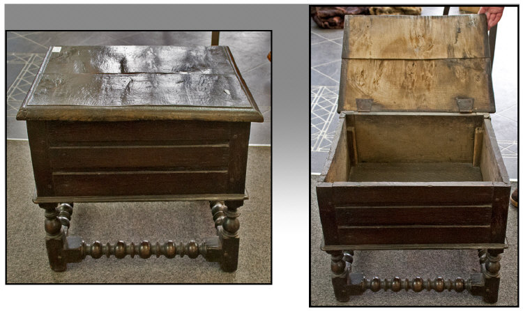 A Late Seventeenth Century Oak Lidded Box Stool. On bobbin turned stretchers and baluster shaped