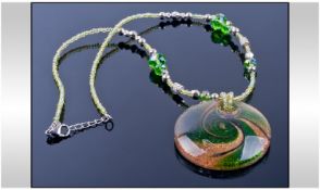 Murano Glass Emerald Green Swirl Pendant Necklace, The Circular Pendant Having The Green Swirled on