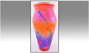 John Ditchfield Signed Iridescent And Fine Orange And Deep Pink Coloured Studio Art Glass Vase,