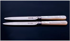 Matched Pair of Silver Fruit Knives with Mother of Pearl Handles. Marks to the Blade - Sheffield,