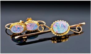 Antique 9ct Gold Set Pair of Opal Earrings, with Matching Brooch. Marked 9ct.
