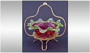 Victorian Cranberry Glass Wavy Edges Preserve Bowl, raised on a silver plated stand. 6.75 inches
